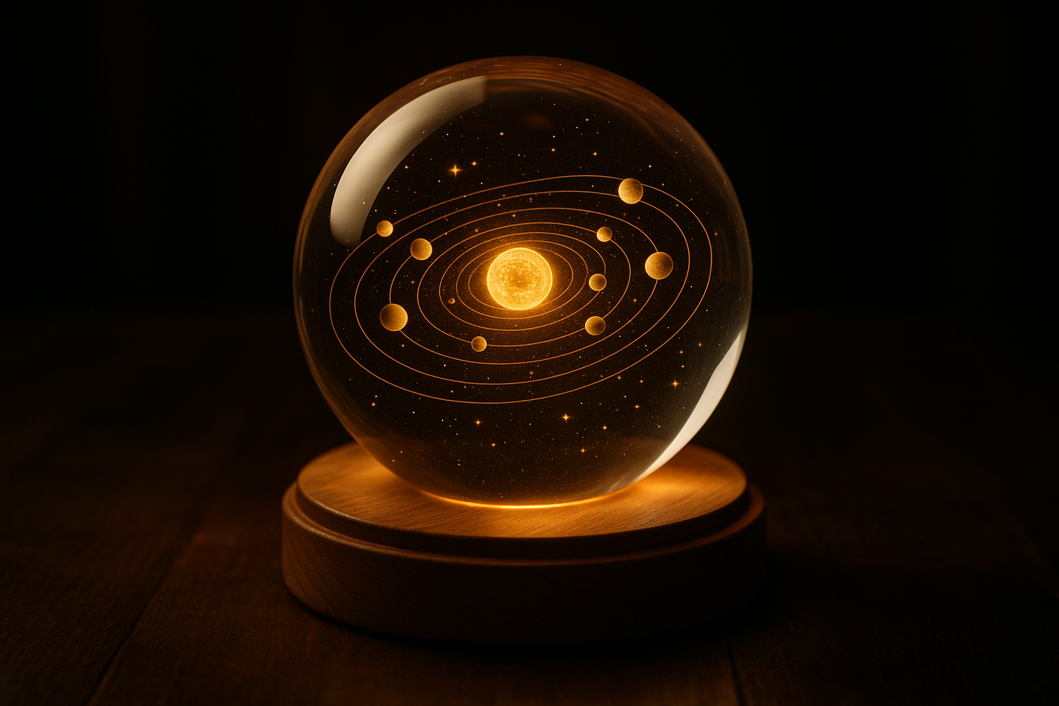  a transparent crystal sphere with a golden glowing solar system engraved inside, planets orbiting around the sun , tiny stars scattered around, sitting on a wooden round LED base, glowing warmly in the dark, cinemetic lightning, highly detailed, ultra realestic, 8k